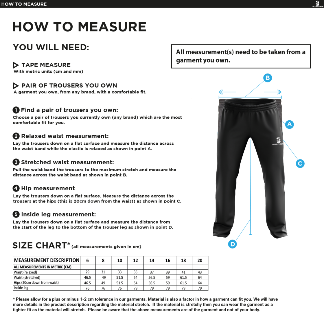 Hampstead CC -  RIPSTOP TRACK PANT - Size Guide