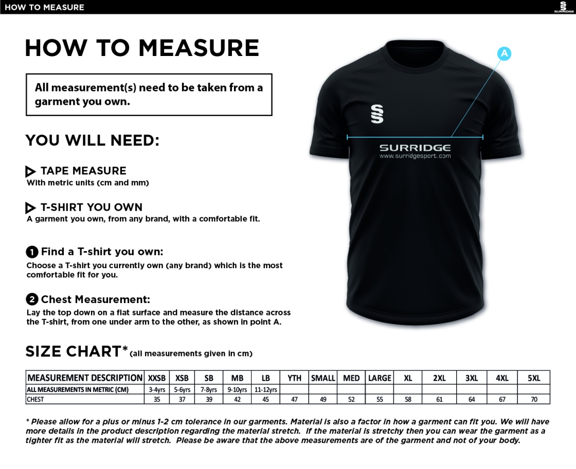 Hampstead CC -  DUAL GAMES TRAINING SHIRT - Size Guide