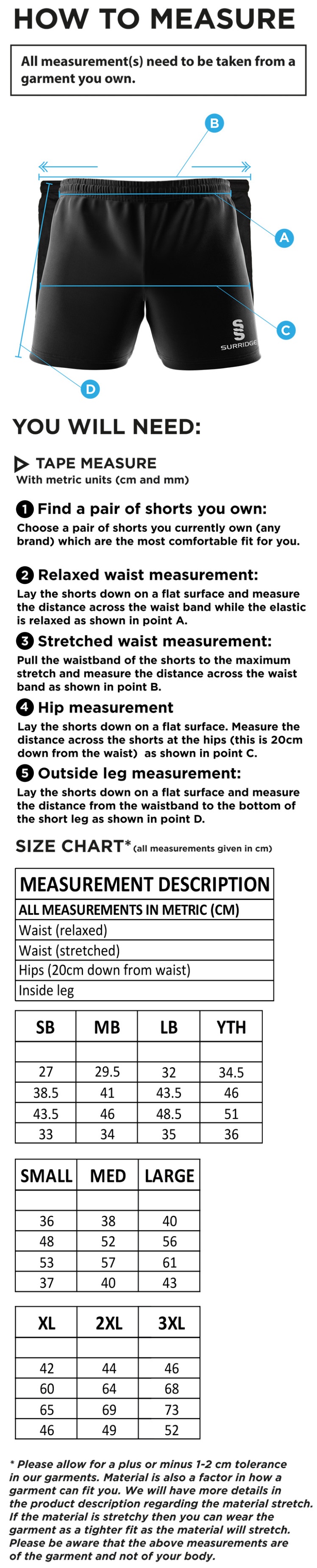 Hampstead CC -  DUAL GYM SHORTS - Size Guide