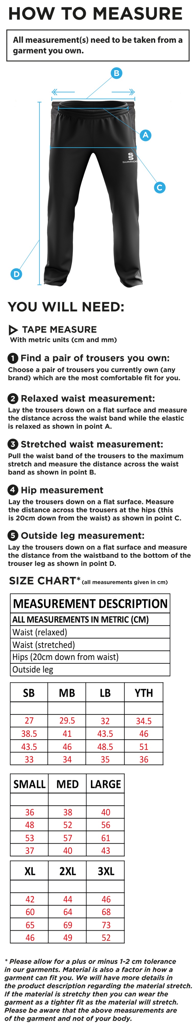 Hampstead CC -  RIPSTOP TRACK PANT - Size Guide