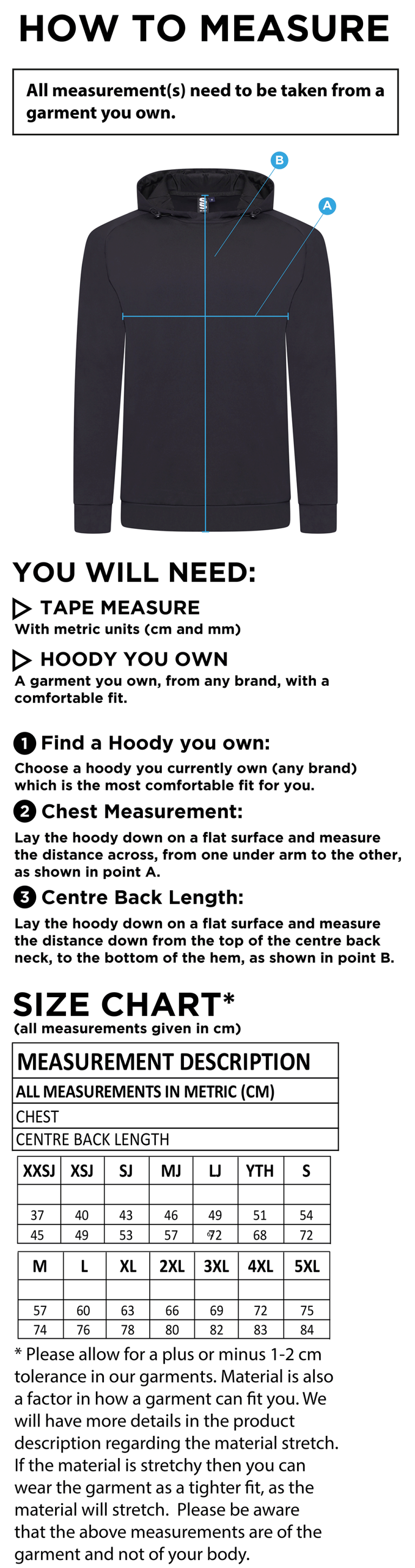 Hampstead CC - Active Hoody - Size Guide
