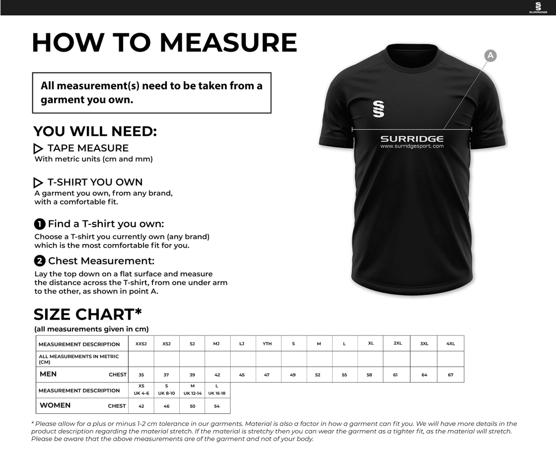 Hampstead CC -  MDL MATCHDAY SHIRT - Size Guide