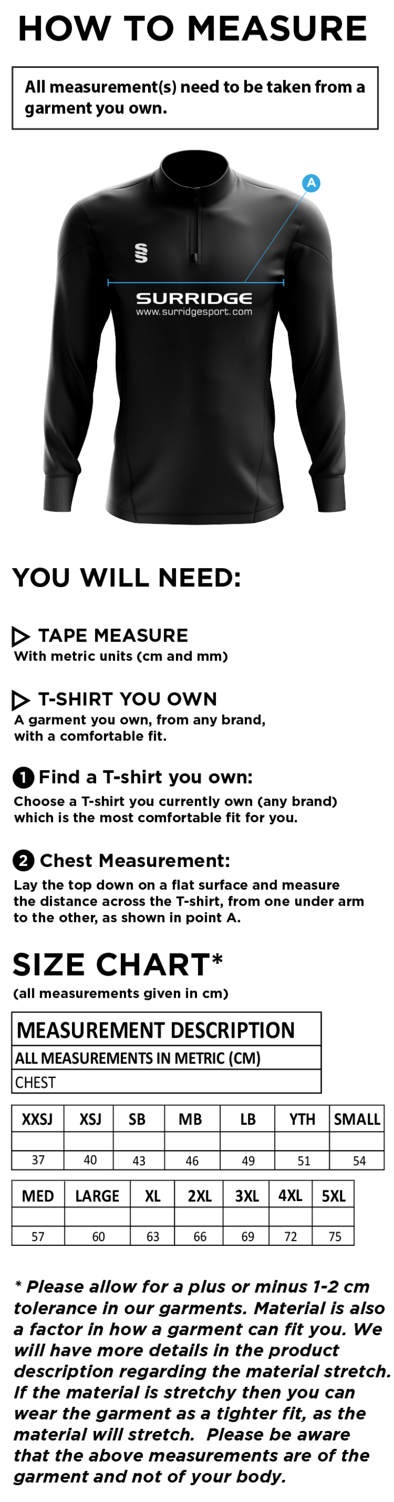 Hampstead CC -  FUSE PERFORMANCE TOP - Size Guide