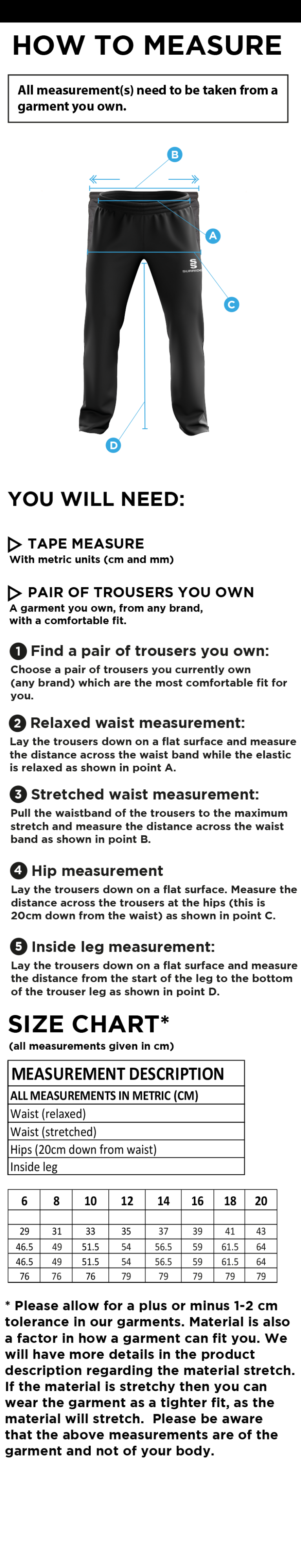 Hampstead CC -  RIPSTOP TRACK PANT - Size Guide