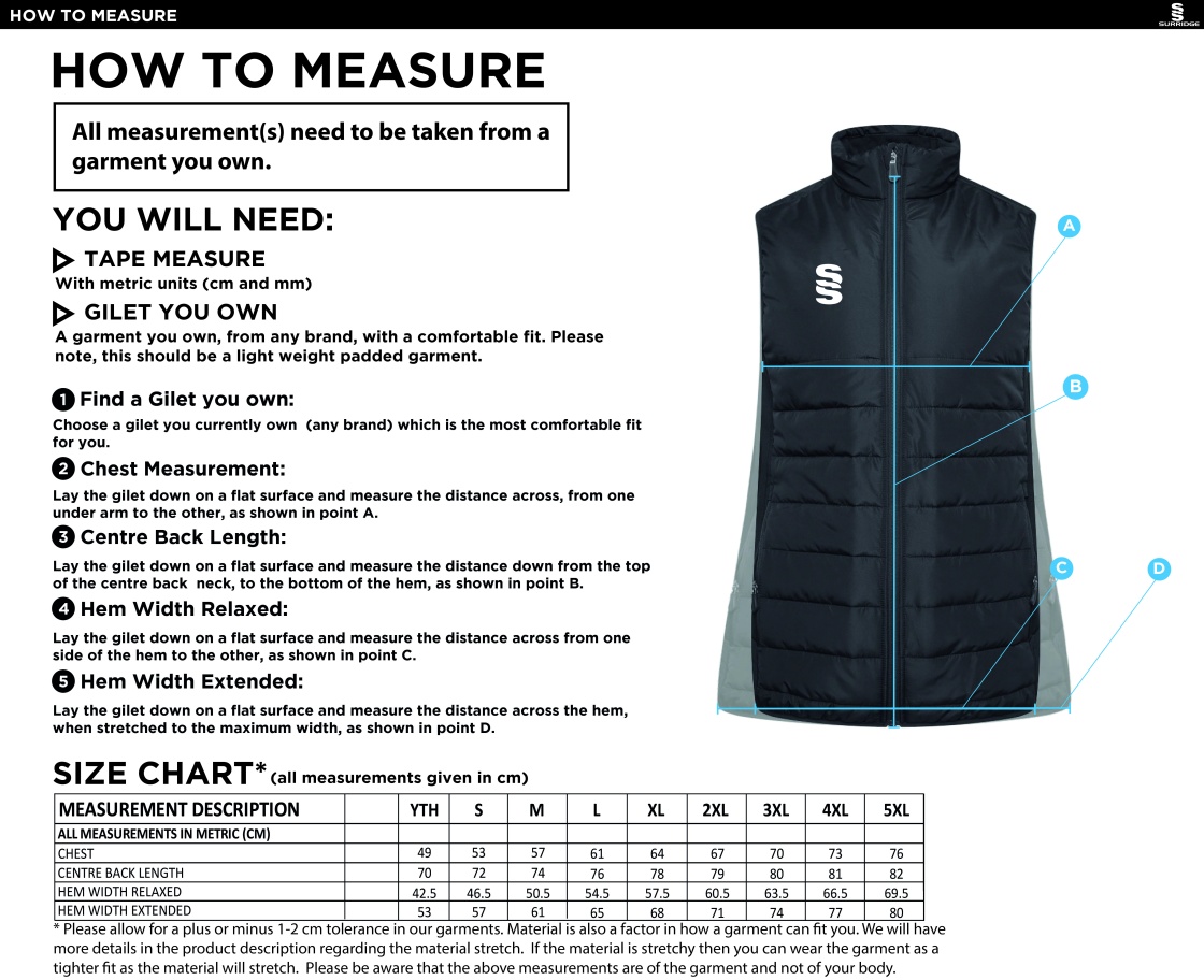 Hampstead CC -  ACTIVE GILET - NAVY - Size Guide