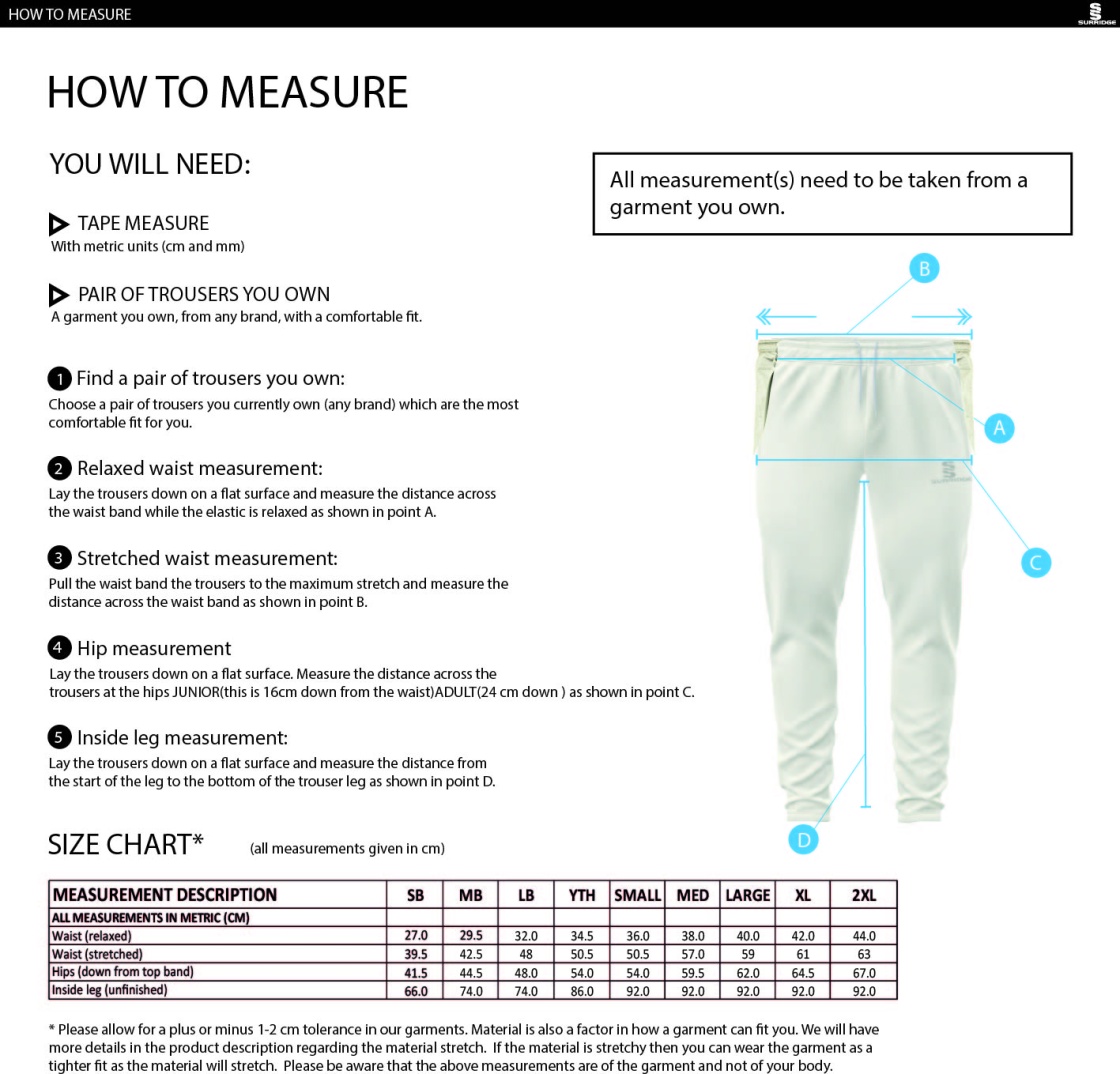 Hampstead CC -  COLOURED CRICKET TROUSERS - Size Guide