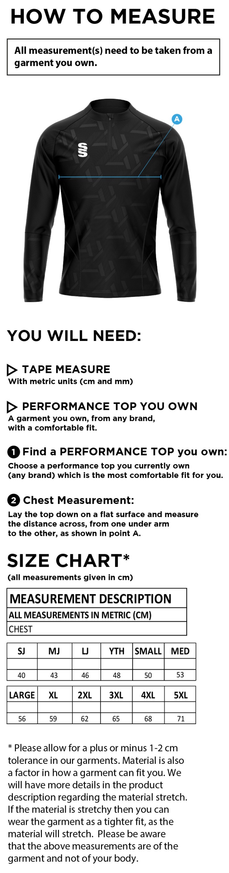 Hampstead CC - Impact 1/4 Zip Performance Top - Size Guide
