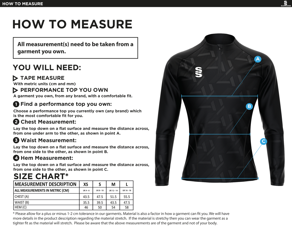 Hampstead CC - Impact 1/4 Zip Performance Top - Women's Fit - Size Guide
