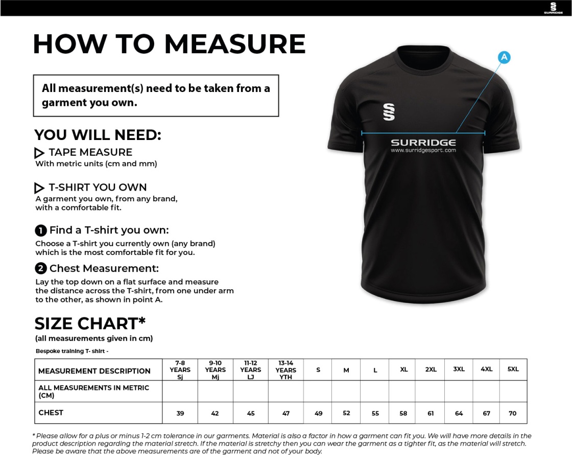Hampstead CC - Impact T-Shirt - Size Guide