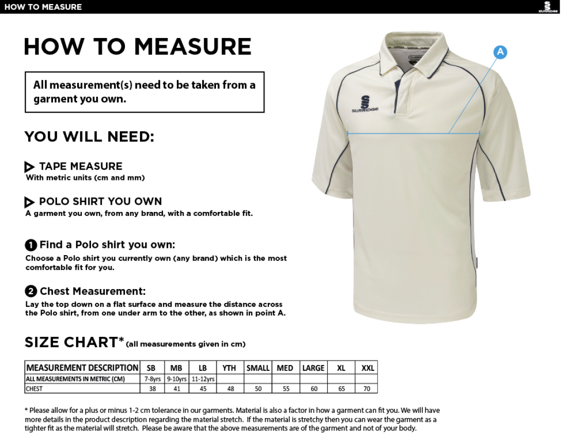 Hampstead CC - Dual Premier Short Sleeve Shirt - Size Guide
