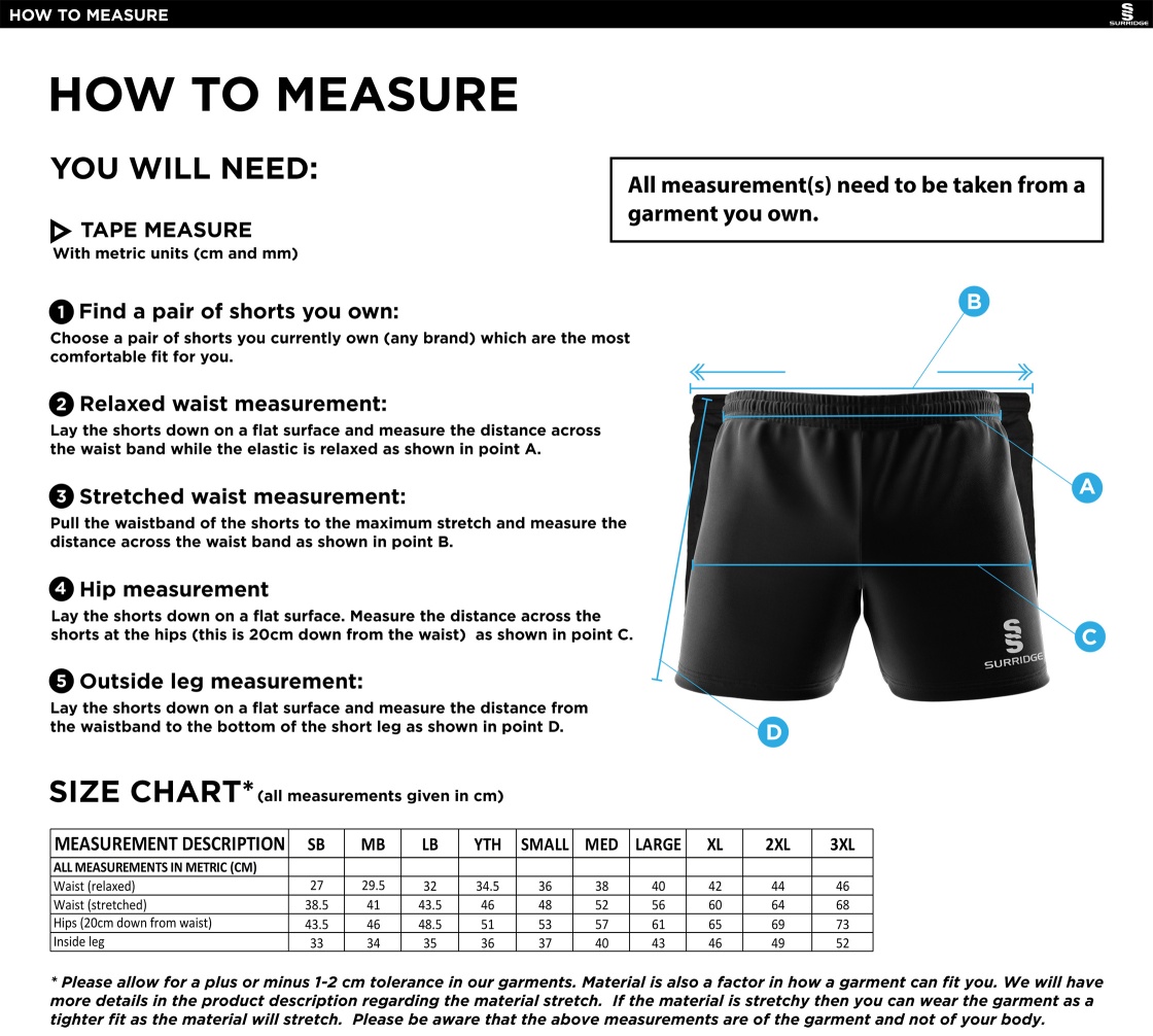 Hampstead CC -  DUAL GYM SHORTS - Size Guide