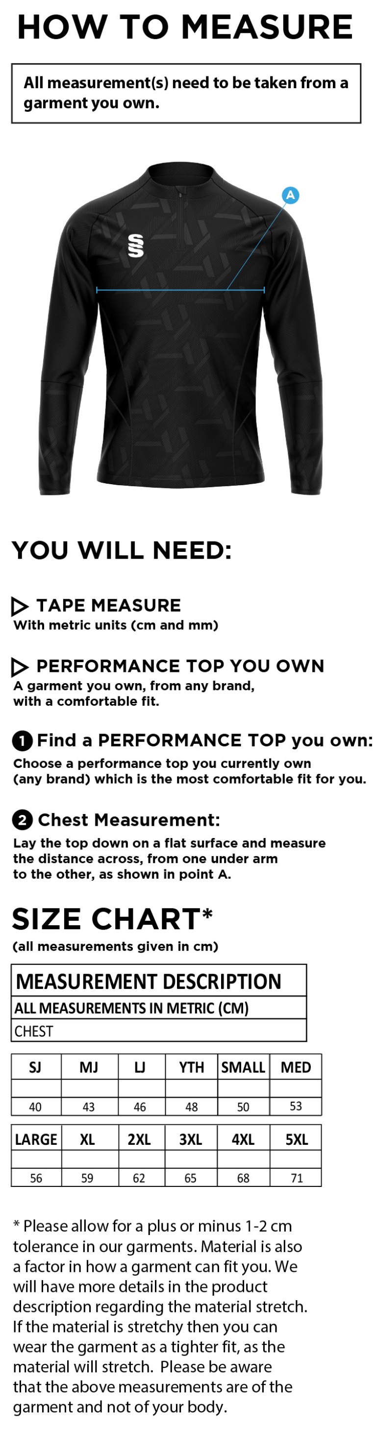 Hampstead CC - Impact 1/4 Zip Performance Top - Size Guide