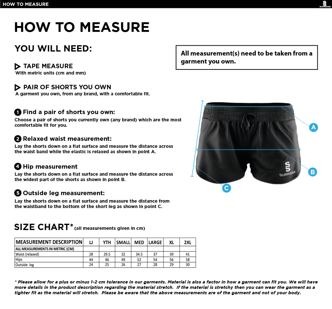 Hampstead CC -  DUAL ACTIVE SHORTS - Size Guide