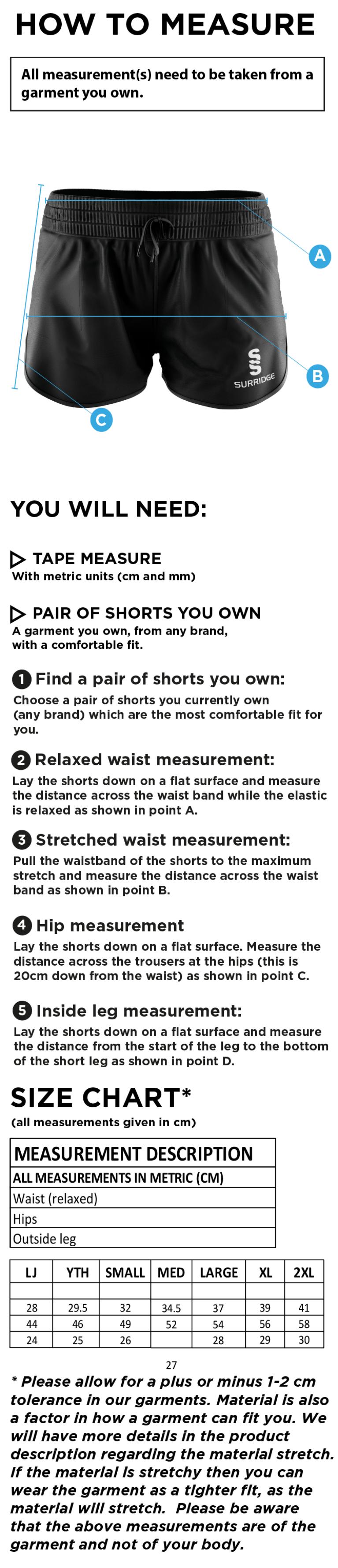 Hampstead CC -  DUAL ACTIVE SHORTS - Size Guide