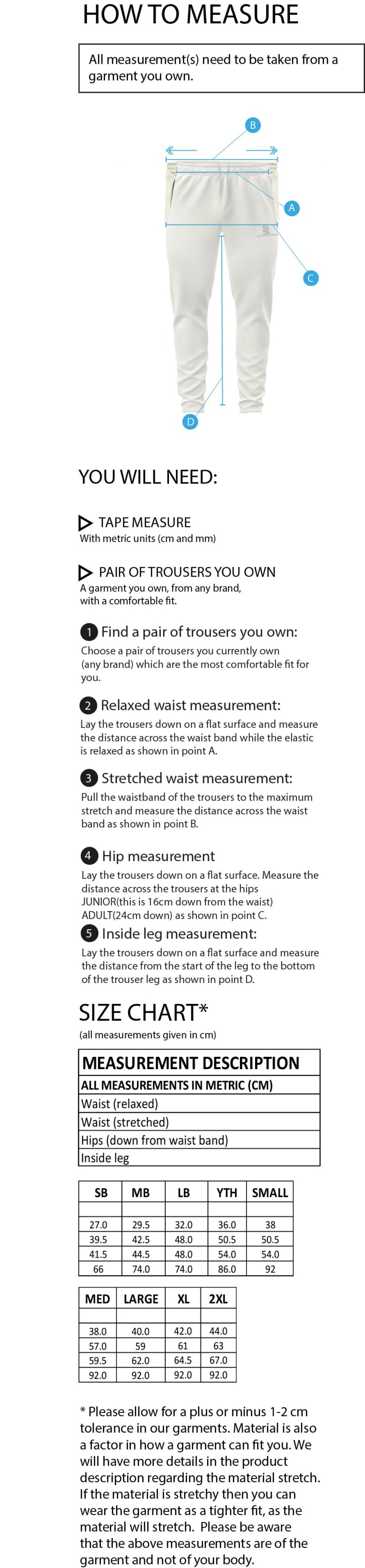 Hampstead CC -  Blade Playing Pant : Sky - Size Guide
