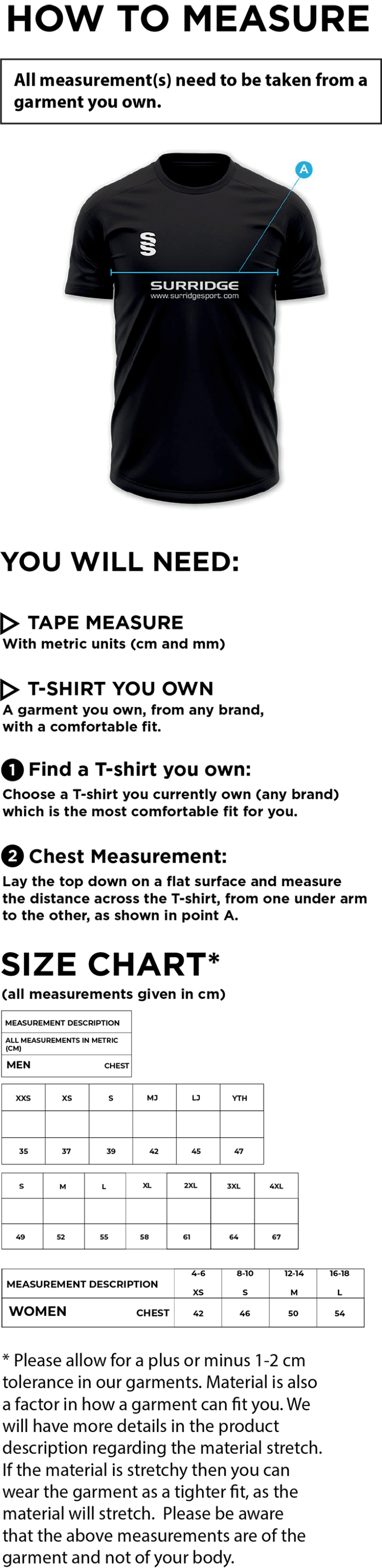 Hampstead CC -  MDL MATCHDAY SHIRT - Size Guide