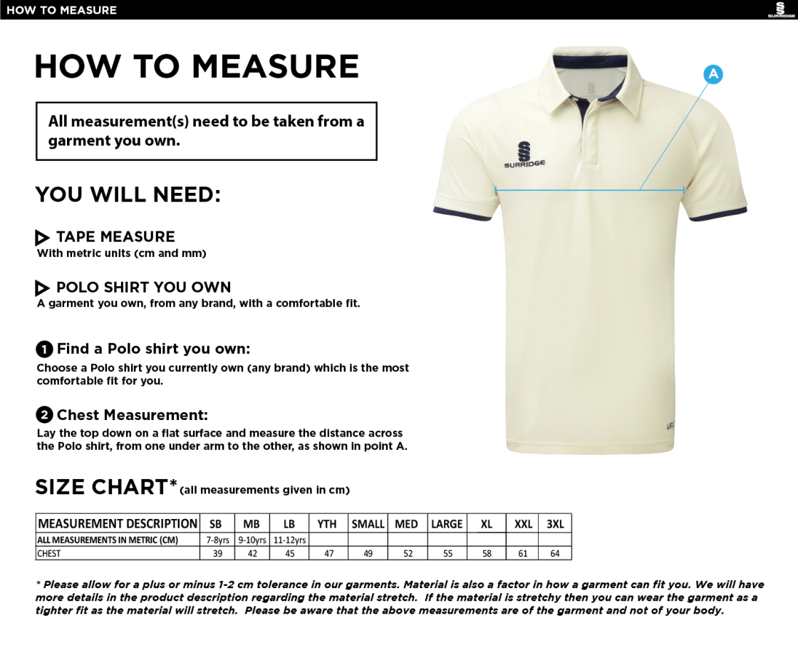 Hampstead CC -  ERGO SHORT SLEEVE PLAYING SHIRT - Size Guide
