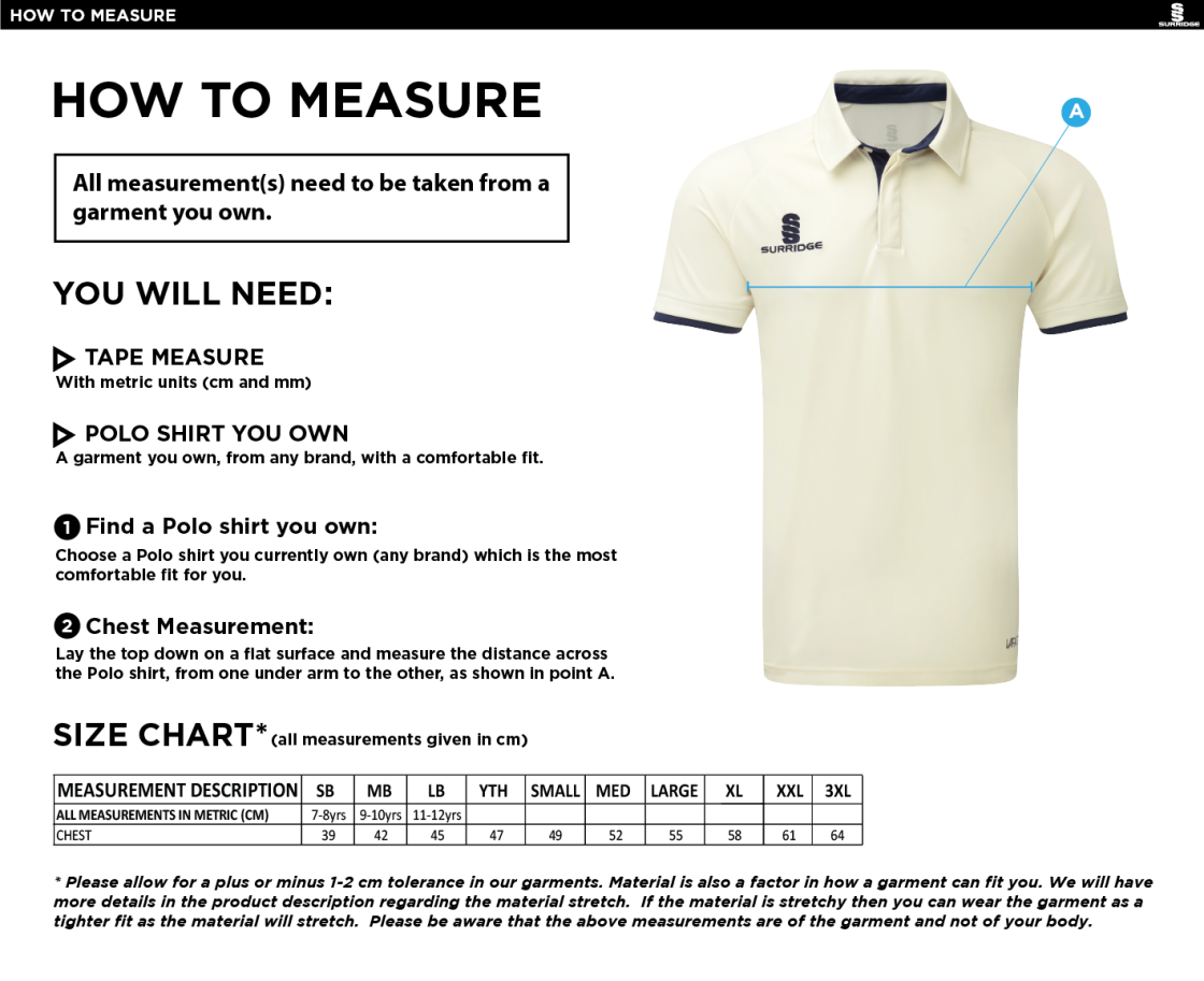 Hampstead CC -  Colts - JUNIOR ERGO SHORT SLEEVE PLAYING SHIRT - Size Guide