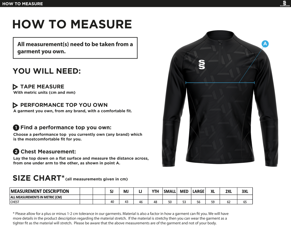 Hampstead CC - Impact 1/4 Zip Performance Top - Size Guide