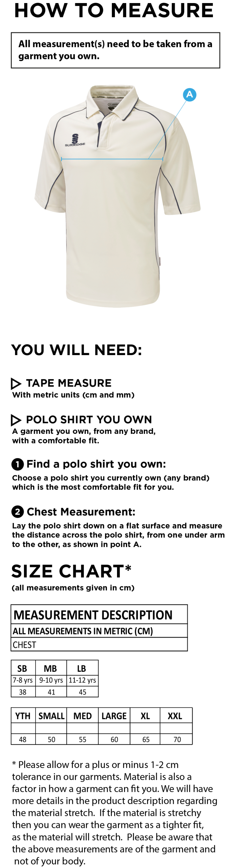 Hampstead CC - Dual Premier Short Sleeve Shirt - Size Guide