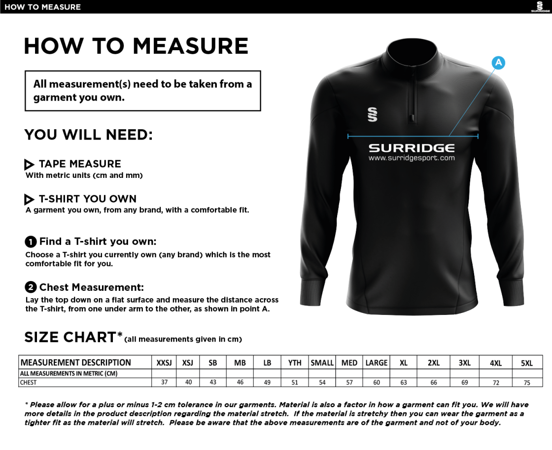 Hampstead CC -  DUAL PERFORMANCE 1/4 ZIP TOP - Size Guide