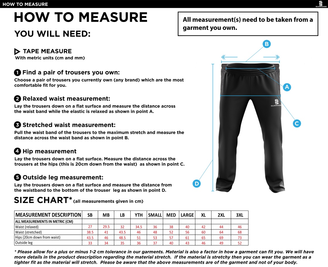 Hampstead CC -  RIPSTOP TRACK PANT - Size Guide