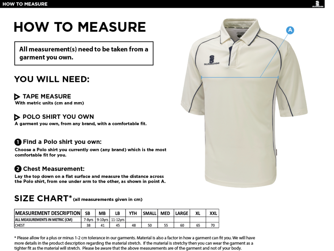 Hampstead CC - Dual Premier Short Sleeve Shirt - Size Guide