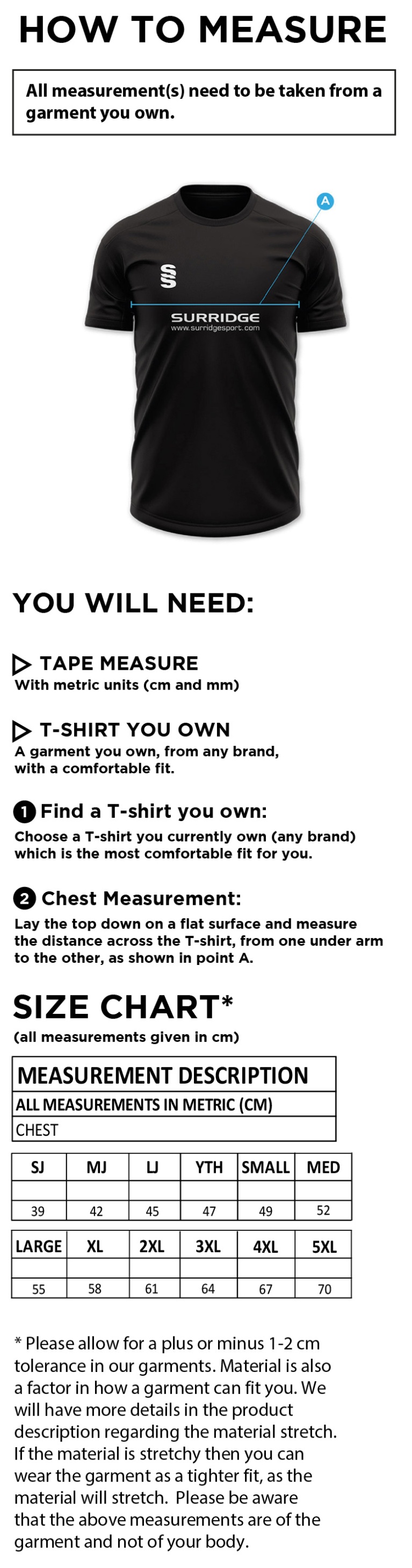 Hampstead CC - Impact T-Shirt - Size Guide
