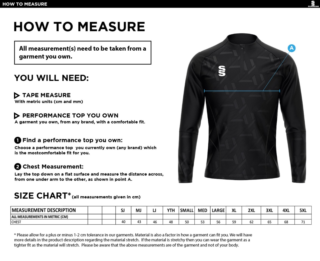 Hampstead CC - Impact 1/4 Zip Performance Top - Size Guide