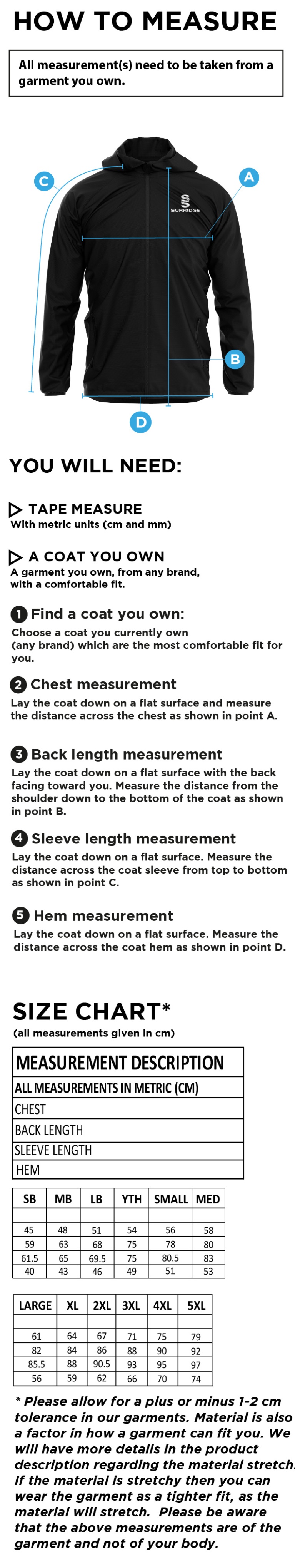 Hampstead CC -  LIGHTWEIGHT FULL ZIP TRAINING JACKET - Size Guide