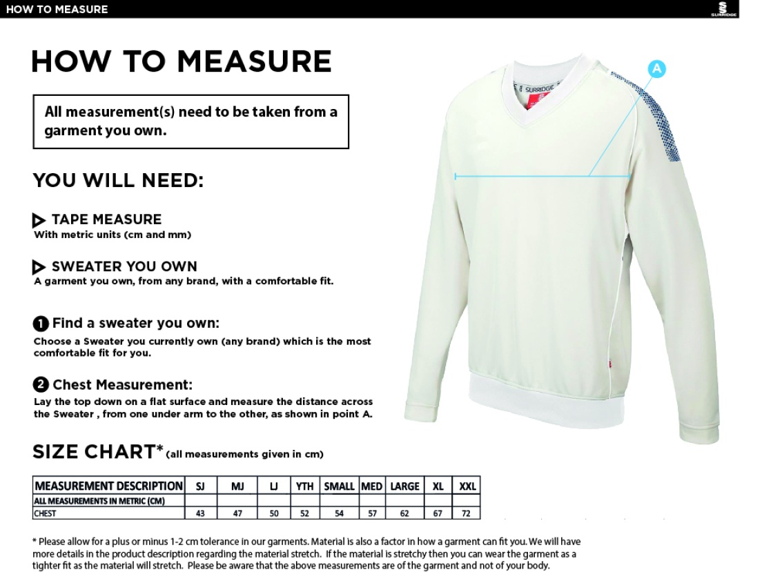 Hampstead CC -  Colts - DUAL LONG SLEEVE SWEATER - Size Guide