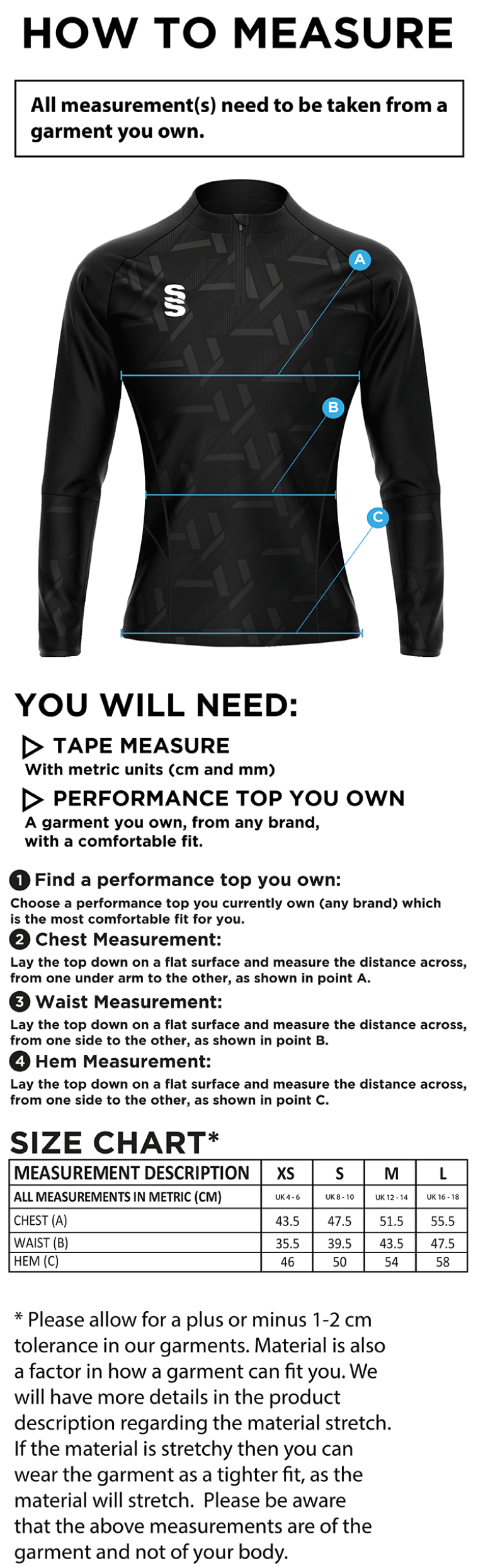 Hampstead CC - Impact 1/4 Zip Performance Top - Women's Fit - Size Guide