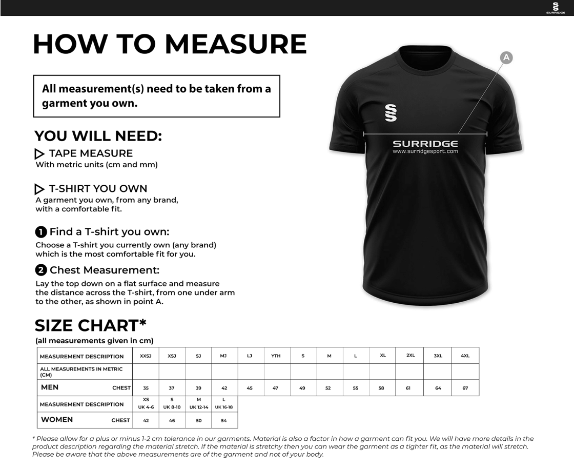 Hampstead CC -  Games Shirt - Size Guide
