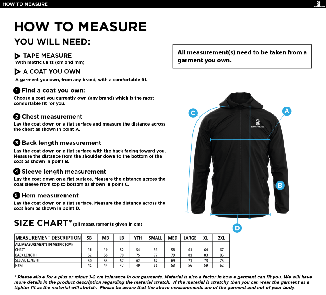 Hampstead CC -  LIGHTWEIGHT FULL ZIP TRAINING JACKET - Size Guide