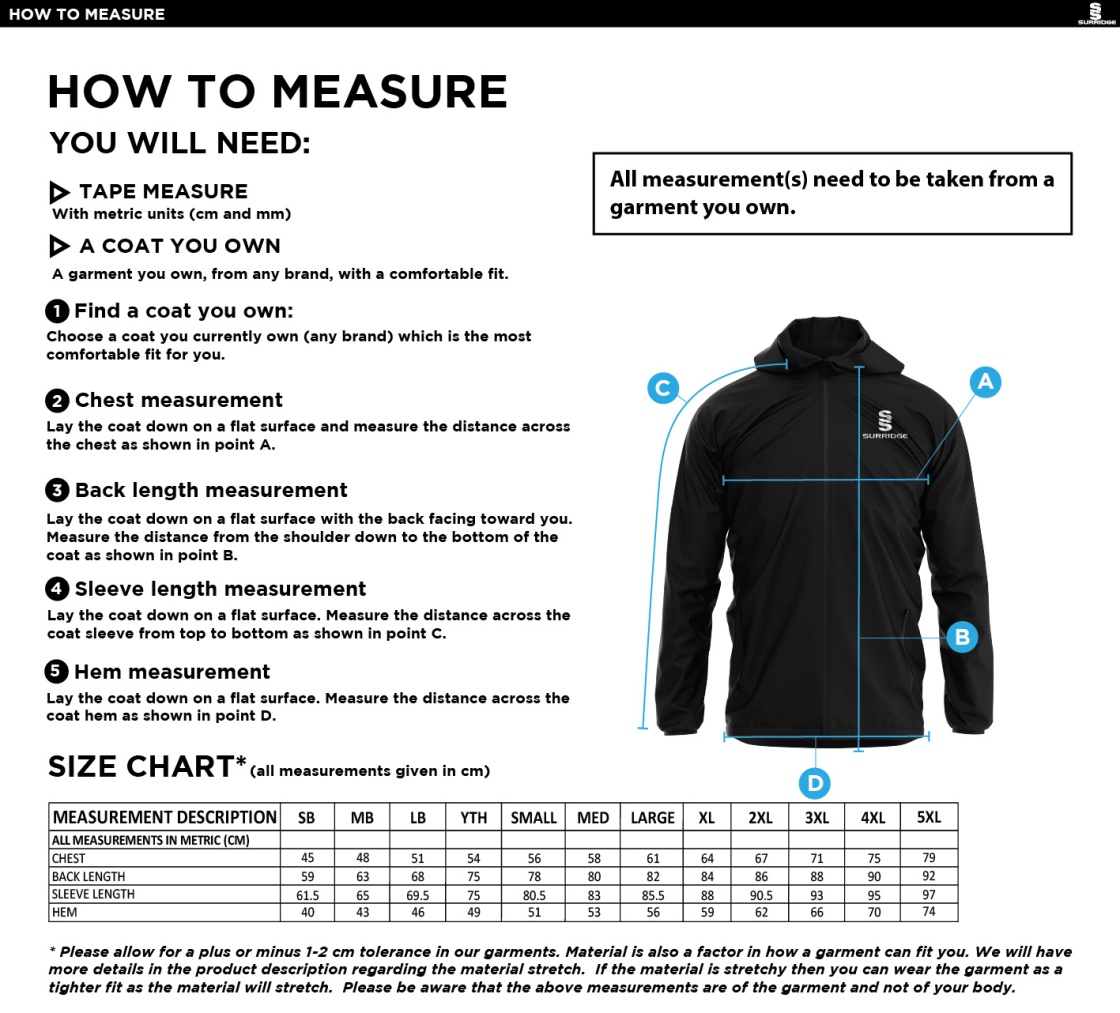 Hampstead CC -  LIGHTWEIGHT FULL ZIP TRAINING JACKET - Size Guide