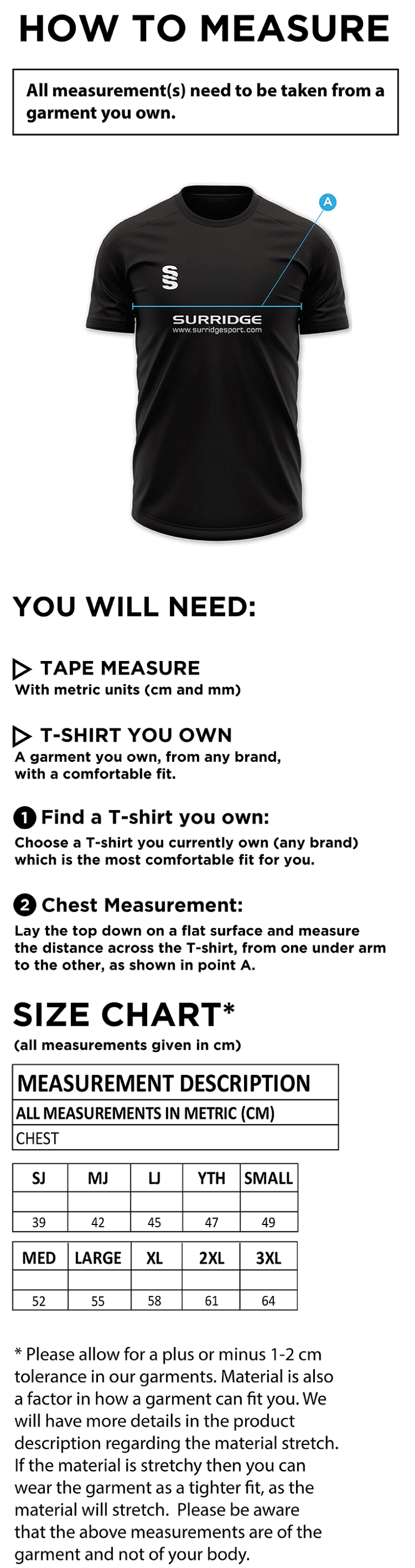 Hampstead CC - Impact T-Shirt - Size Guide