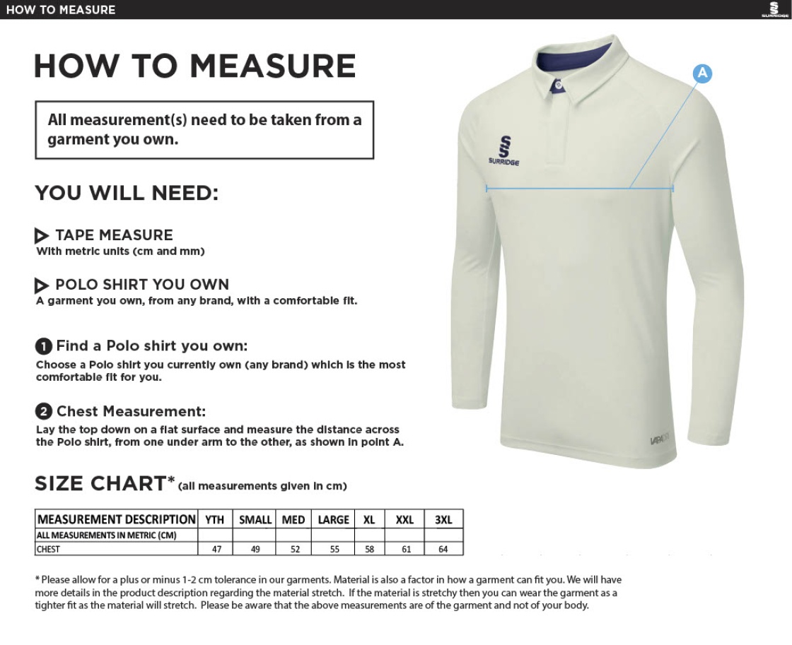 Hampstead CC -  ERGO LONG SLEEVE PLAYING SHIRT - Size Guide