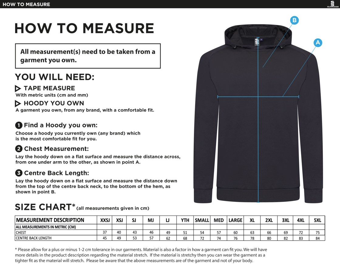 Hampstead CC - Active Hoody - Size Guide